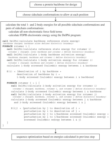Figure 3-8.  Protein design protocol, including one and two-body FDPB calculations.  A simplified version of the protein design procedure shows the step at which electrostatic energies are calculated
