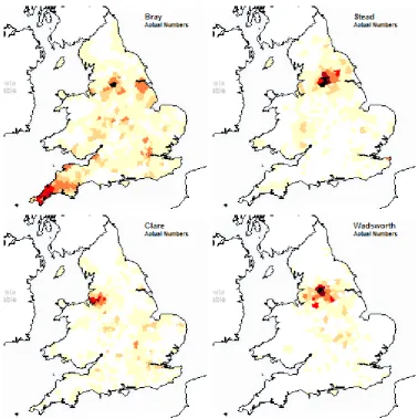 Figure 3: Distributions in 1881 of some populous surnames from the K&J study. 