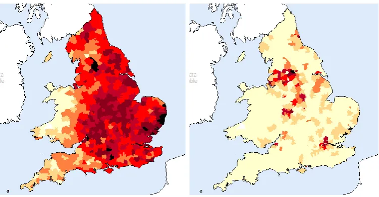 Figure 1: The distribution of the surname Smith in England and Wales in 1881. On the left, the shading represents the number of Smiths per 100,000 people, for each Poor Law Union, whereas the actual number of Smiths in each Union is represented on the righ