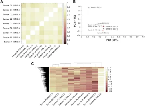 Figure 4 Impact of RNA integrity and blood sample storage conditions on the gene expression profiles.Notes: sample r, sample r0, sample r1 and sample r2 were the rna samples that were extracted immediately after blood collection and then stored at room tem