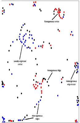 Figure 4. A 2-dimensional space representing an evolved population of automata representing  three distinct cultures (Black, 58 automata; Blue, 58 automata; Red, 49 automata)