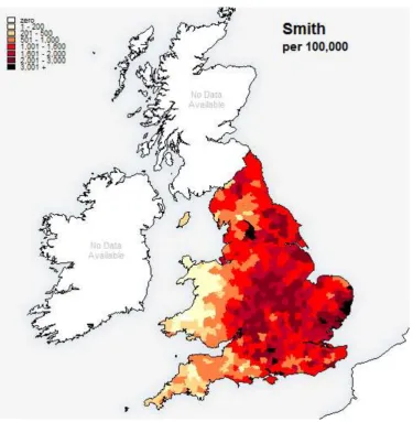 Figure 1: The distribution of the surname Smith in England and Wales in 1881. The shading represents the number of Smiths per 100,000 people, for each Poor Law Union
