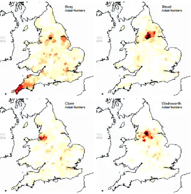 Figure 3: Distributions in 1881 of some populous surnames from the K&J study. 