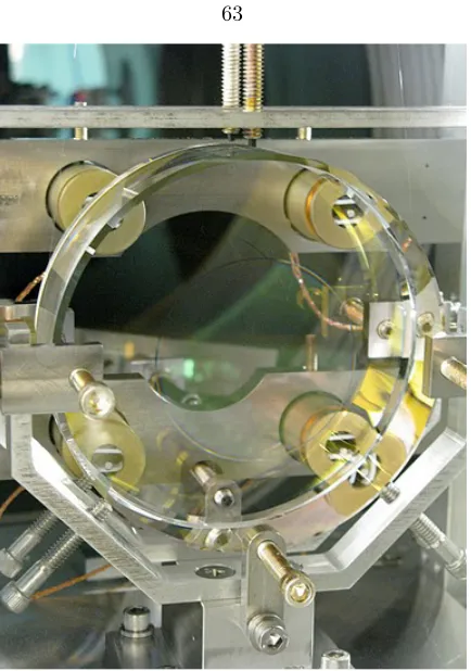Figure 5.2: A MOS suspension. Visible are the optic, the OSEMs (behind the optic) and the suspendingsteel wire (a single loop, barely visible as a glint near the top of the photo)
