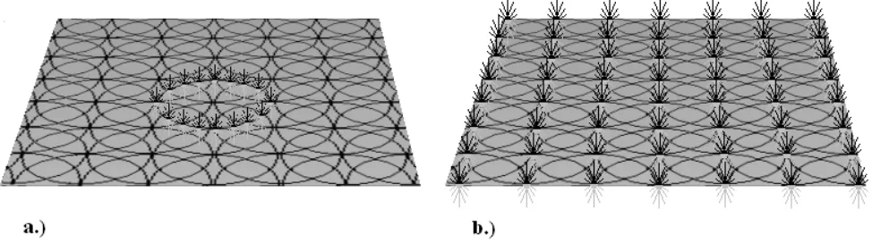 FIGURE 4. a.) a connection is a set of excitations of the bulk, b.) an embedded membrane is a holistic excitation of the bulk