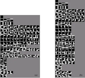 Fig. 9. Two temporal groupings over the coincidences of Fig. 4 (left) starting from the same temporal activation matrix: (a) clustering was performed with the default temporal grouping algorithm with parameter values:                ,               