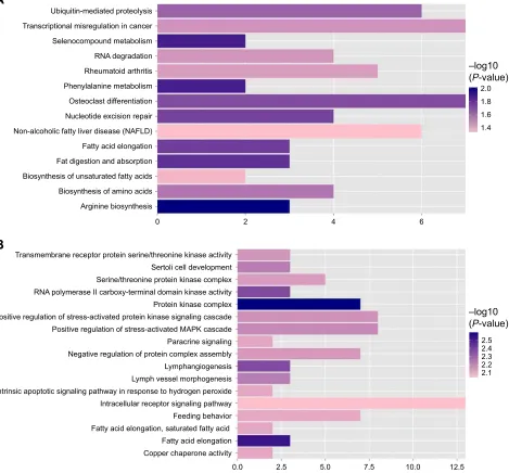 Figure 10 Kegg pathway (A) and column chart of gO function annotation (B) significantly related to target genes.Abbreviations: gO, gene ontology; Kegg, Kyoto encyclopedia of genes and genomes.