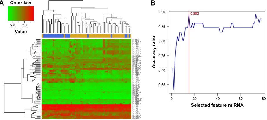Figure 2 Bidirectional hierarchical clustering of 78 mirnas based on their expression value (A) and feature elimination curves of 78 mirna (B).