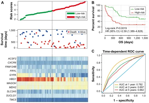 Figure 6 Prognostic gene signature of the 11 genes in AML patients of GSE12417 HG-U133 plus 2.0 cohort.Notes: (A) From top to bottom is the risk score, patients’ survival status distribution, and expression heat map of the 11 genes for low- and high-risk g