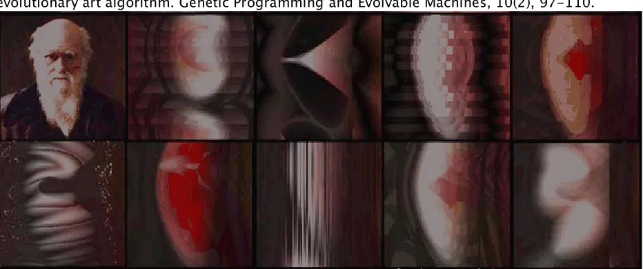 Fig. 1 Source Darwin image with examples of evolved abstract portraits created using an automatic creative system  CGP uses GP techniques (crossover, mutation, and survival), but differs in certain key respects
