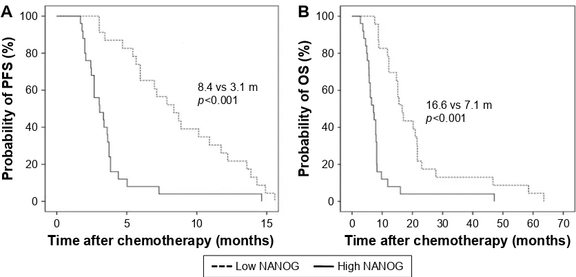 Figure 5 Kaplan–Meier survival curves for progression-free survival (A) and overall survival (B) in patients with squamous cell carcinoma