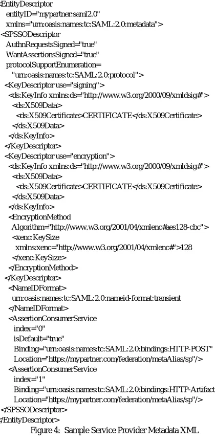 Figure 4 demonstrates an example metadata XML file that would be sent from a service provider to an identity provider for loading into the federation software