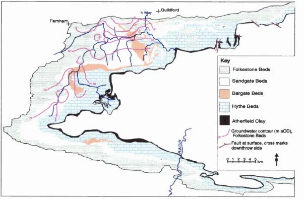 Figure 4.4b The Lower Greensand of Sussex and Surrey with groundwater contours on the Folkestone Beds (After Hydrogeological Map of the South West Chilterns and the Berkshire and Marlborough Downs, 1978 and Morgan-Jones, 1985).