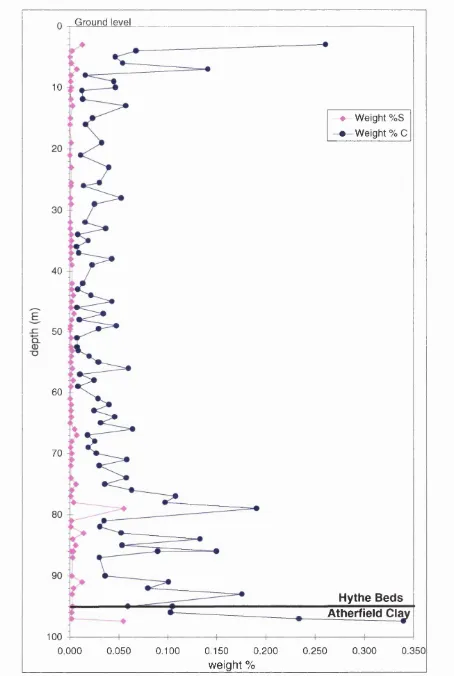 Figure 4.10. Weight % of carbon and sulphur in Lower Greensand core.