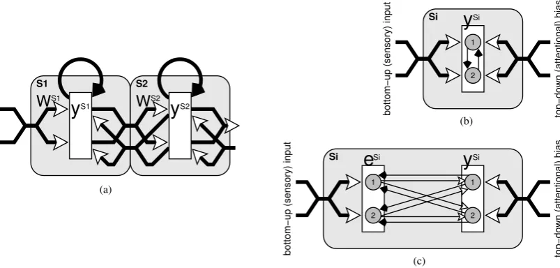 Figure 1: (a) A common implementation of the biased competition model. Rectangles represent popu-nodes are shown as circles, thin arrows show connections between individual nodes, while thick arrowslations of neurons, open arrows signify excitatory connect