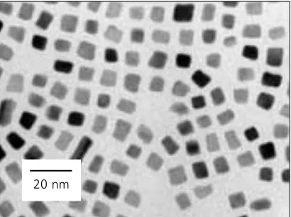 Fig. 4. Bright-field transmission electron microscope(TEM) micrograph of unannealed iron-platinumnanocubes, deposited from a non-polar solvent on acarbon-coated copper TEM grid
