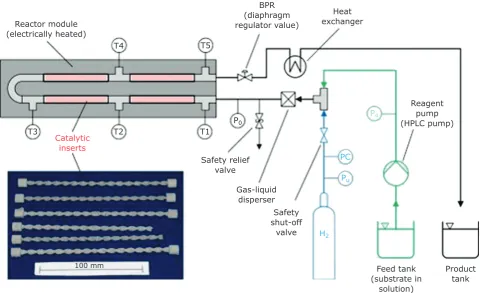 Fig. 8. (a) Simplified process flow diagram of the tubular flow reactor set-up for continuous flow  hydrogenations; (b) a series of CSM after additive manufacturing