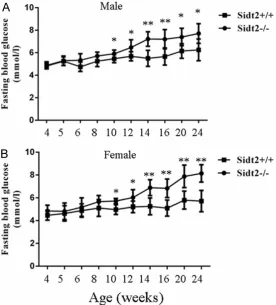 Figure 2. The levels of fasting glucose (FG) in Sidt2FG in male Sidt2are expressed as mean ± SD (n = 10-15 for each measurement)