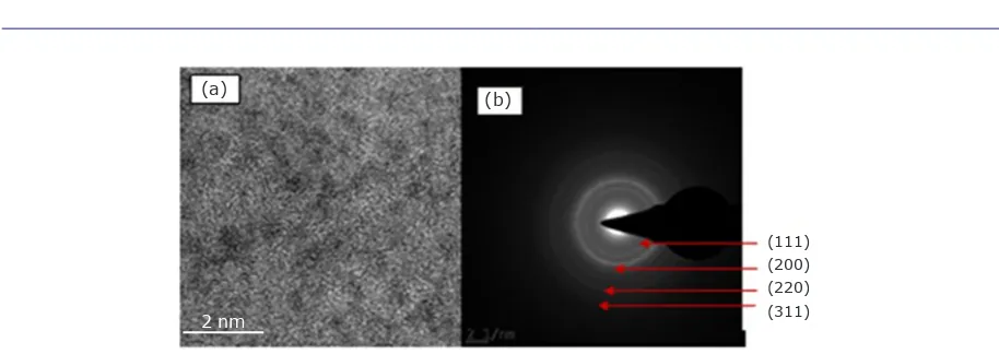 Fig. 7. (a) HRTEM image of Rh particles synthesised by gamma irradiation at a dose of 120 kGy; (b) SAED of Rh nanoparticles