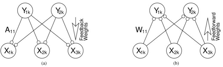 Figure 1: (a) A generative neural network model: feedback connections enable neural activations (to reconstruct an input pattern (cause neural activations (yk⃗ )xk⃗ )