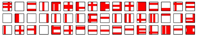 Figure 6: Typical training patterns for the double-width bars problem. Two pixel wide horizontal andvertical bars in a 9x9 pixel image are independently selected to be present with a probability of1 8 