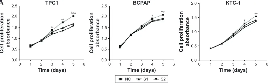 Figure 1 Knockdown of ARAP3 gene in three papillary thyroid carcinoma cell lines (TPc1, BcPaP, and KTc-1).Notes: ARAP3 depletion was monitored by real-time polymerase chain reaction (A) and Western blotting (B)