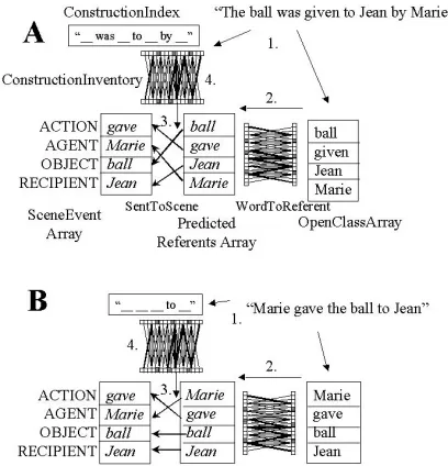 Figure 3.  Model Overview: Processing of active and passive sentencetypes in A, B, respectively