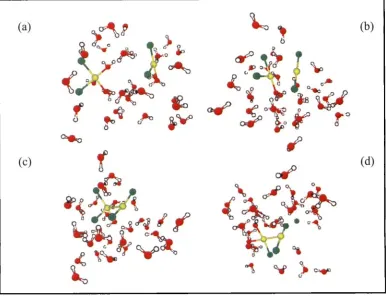 Fig. I Snapshots.from a FPMD simulation showing the formation of a Pi dimer afier the reduction of two [PtClz(H~o)z] complexes in water solution