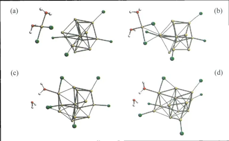 Fig. 4 growing Pt1zC14 cluste,: Snapshots from a FPMD simulation showing the reaction of an unreduced [PtClz(H20)~] complex with a (a) Initial configuration (simulated time t = 0)