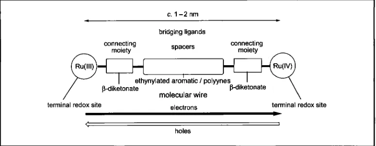 Fig. I spacers. terminal redox sites, are connected via the Pdiketonate moieties with eihynyluted aromatic/polyyne groups as the Scheniatic diagram of the moleculur wire system showing its structure; the ruthenium centres, which are In this svstem electrons move to ihe right and holes to the lefi 