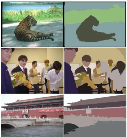 Figure 7: Up: Edge grouping on simulator image. Down: Edgegrouping with real-world images (“peppers” and “tiger” imagesshown previously in ﬁg.6)