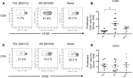 Figure 4. Loss of anti-donor CD8+ents ( T cell responses despite substantial anti-donor CD4+ T cell responses in tolerant recipients