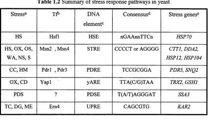 Table 1.2 Summary of stress response pathways in yeast