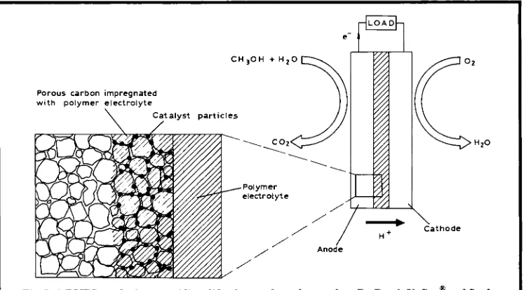 Fig. 1 dispersed A DMFC employing an acidic solid polymer electrolyte such as Du Pont’s Nafion” and finely platinum electrocatalyst supported on porous carbon electrodes 