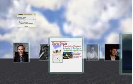 Figure 5: A screenshot from Croquet: The “picture objects” are avatars of the users,  additional functions are accessible on the poster in the middle of the 3D space 