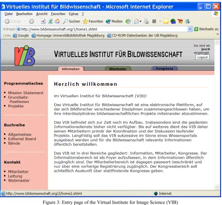 Figure 3: Entry page of the Virtual Institute for Image Science (VIB) 