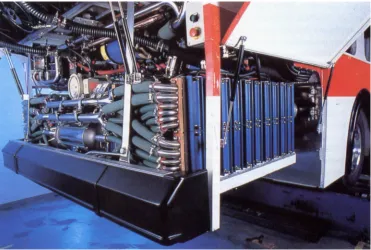 Fig. 1 PEMFC The The prototype Ballard commercial zero emiaaion transit bun L powered entirely by a compact 200 k W  engine which occupies the same apace