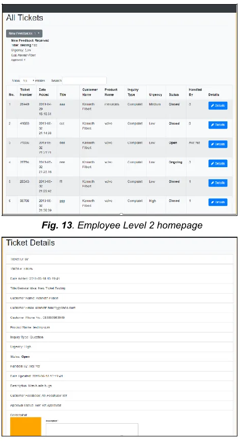 Fig. 14 . The Ticket Details page for both Employee Level 2 and Supervisor Level 1  