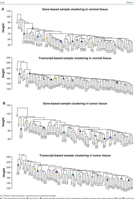 Figure 1 Patient clustering based on gene/transcript expression profiles.Notes: The clustering of normal (A) and tumor (B) tissue samples according to the expression profiles of genes (the upper panel in [A] and [B]) and transcript isoforms (the lower pane