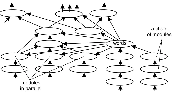 Figure 4.3. An example of the APNN architecture. The modules are connected by the bundles ofprojective connections shown by the "filled" arrows