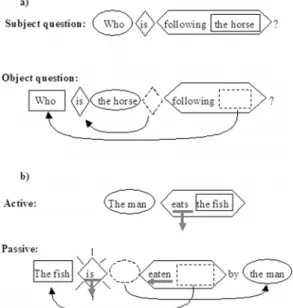 Figure 5 (a) Coding for wh-questions; (b) coding for active and passive sentences 
