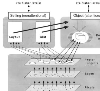 Fig. 3. Schematic of triadic architecture (Rensink, 2000a). In this architecture, visual processing is split into three largely independent systems: (i)
