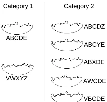 Figure 1.   Stimuli used in Experiment 1.  Each letter represents a particular stimulus segment, andeach stimulus is composed of five segments