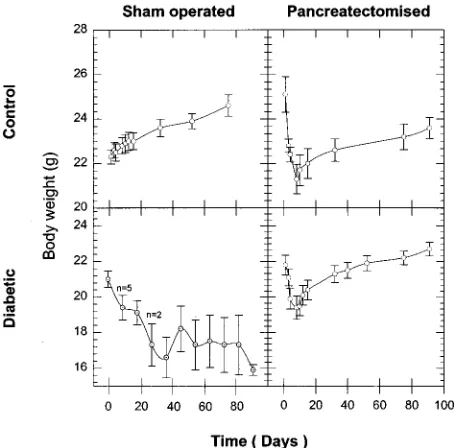 Figure 1 Body weight proﬁles throughout the period of study ingroups. Data are expressed as meansthe CS (n=10), CPx (n=10), DS (n=9) and DPx (n=15) animal�S.E.M.