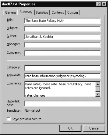 Figure 1: Keyphrases for metadata: This pop-up window shows an example of the “File Properties” metadata in Microsoft’s Word 97