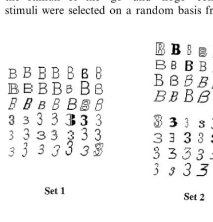 Fig. 3. Top: set of elementary alphanumeric characters used tocreate the compound stimuli for the training (set 1) and testing(set 2) sessions of Experiment 2