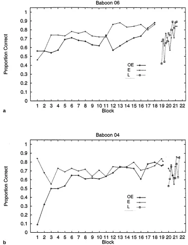 Fig. 5 Proportion of correcttrials for a B06 and b B04, andfor each stimulus categoryused in training