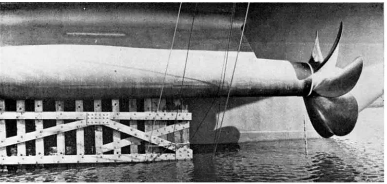 Fig. 9 which Photographed Queen Elizabeth This strip-type platinised titanium anode mounted on a propeller bracket nf the Cunard h e r  I I  forms part of the ten anode fully automatic impressed current protection system, mas designed, engineered and insta