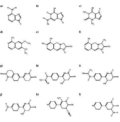 Figure 1. Molecules used in this study defining the numbering system for the non-specific PDE m  inhibitors, a) adenine, b) guanine, c) theophylline, d) papaverine; and the specific PDE HI inhibitors, e) anagrelide, f) dazonone, g) SK&F95800, h) SK&F93741g