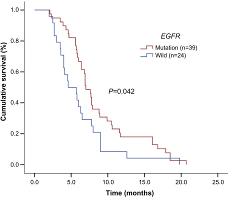Figure 5 Kaplan–Meier estimates of progression-free survival according to EGFR mutation status (EGFR mutation and EGFR wild-type) in wild-type KRAS patients.Note: Kaplan–Meier analysis showed nsclc patients with EGFR mutations had a longer progression-free survival than EGFR wild-type patients in wild-type KRAS patients (7.0 versus 4.6 months, P=0.042).Abbreviations: EGFR, epidermal growth factor receptor; KRAS, Kirsten rat sarcoma viral oncogene homolog; NSCLC, non-small cell lung cancer.